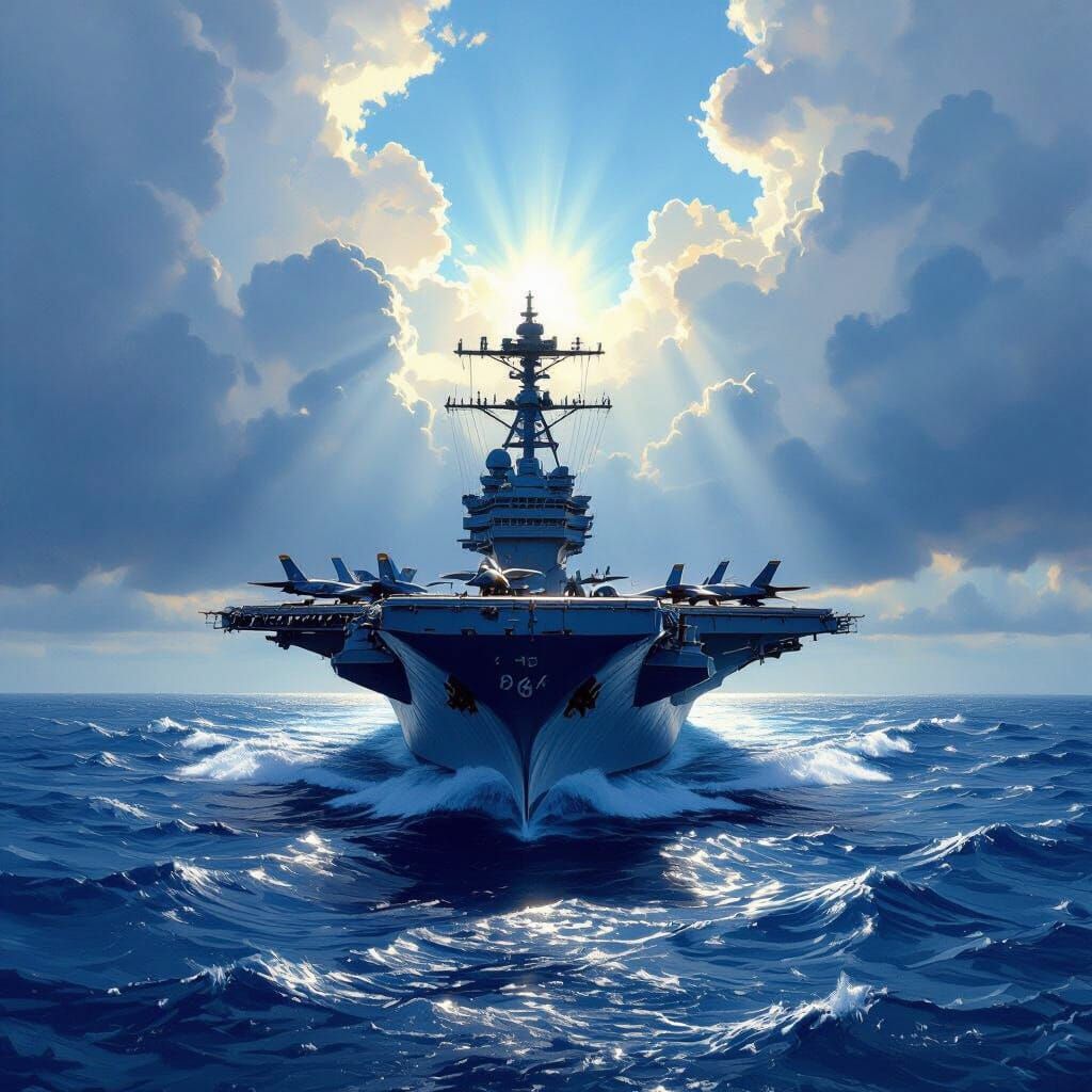 USS Lexington Aircraft Carrier in Dramatic Sunlight