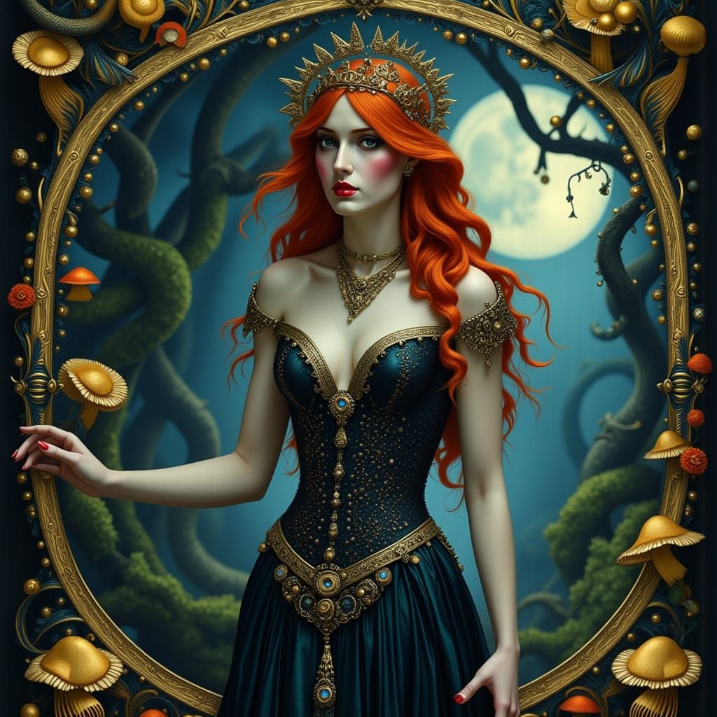 Valkyrie in Bioluminescent Grove, Folk Art Nouveau Style