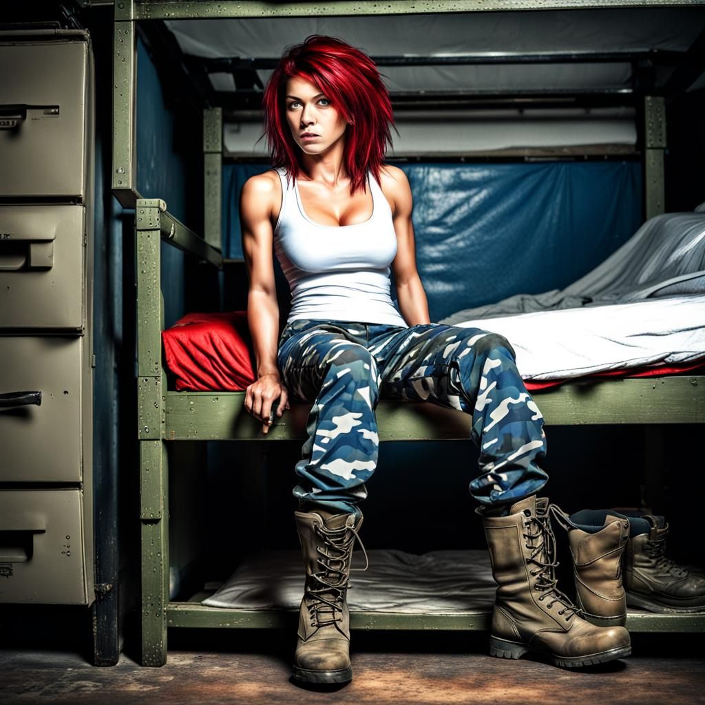 Hyperrealistic Female Soldier in Barracks with Red Hair