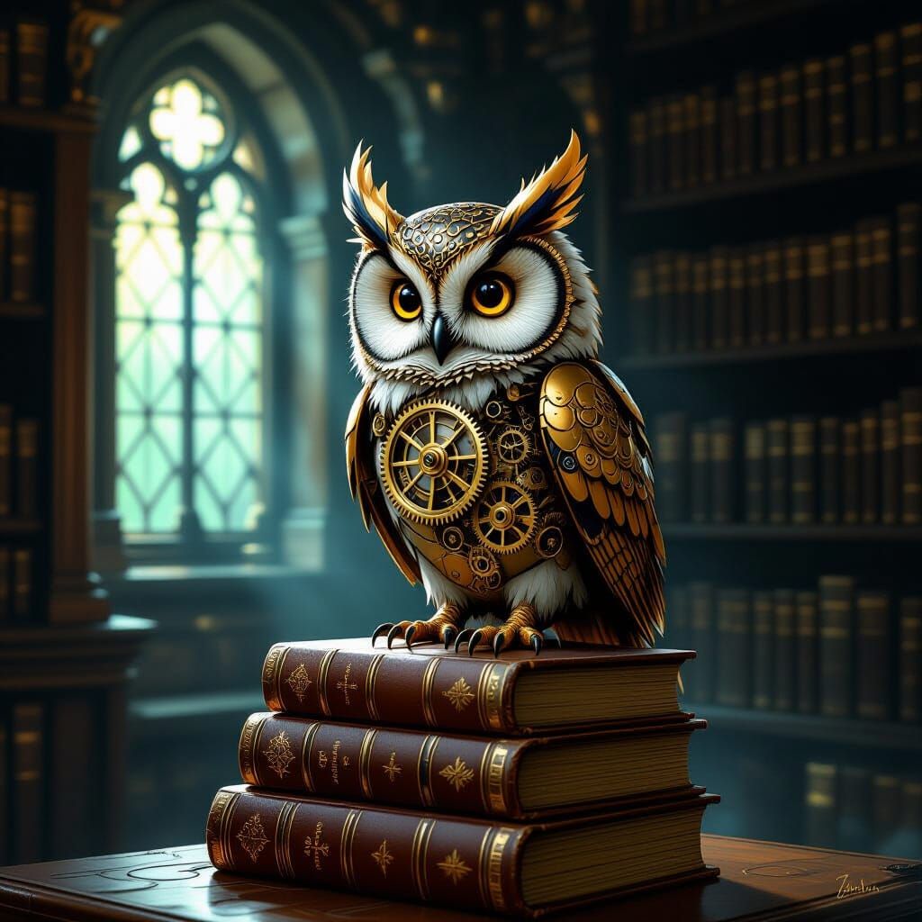Whimsical Clockwork Owl on Books in Ethereal Library
