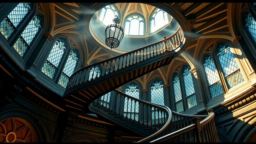 Cinematic Hogwarts Grand Staircase in 35mm Film Style
