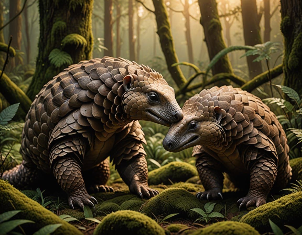 Hyperrealistic Pangolin Couple in Golden Hour