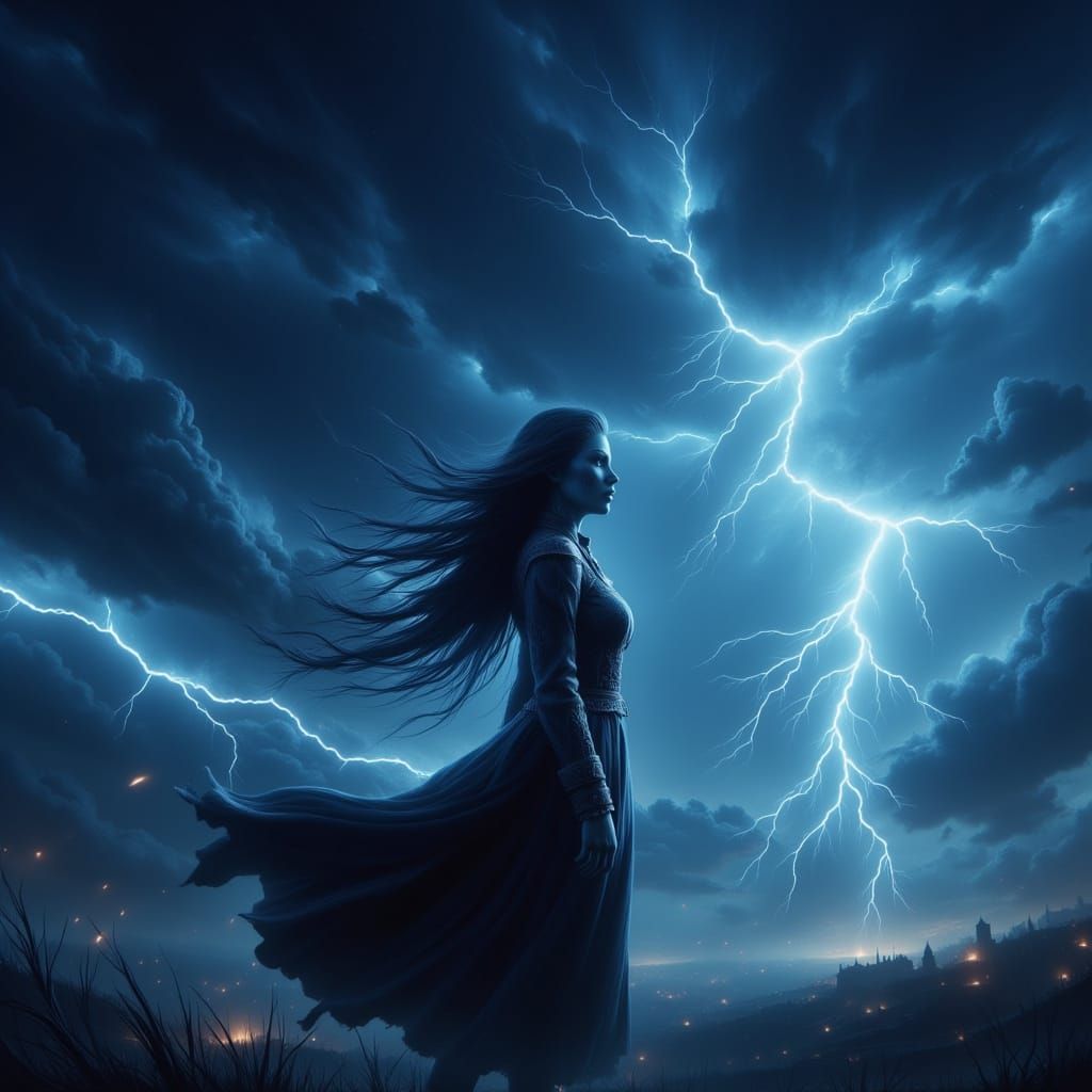 Mystical Warrior Goddess in Stormy Skies
