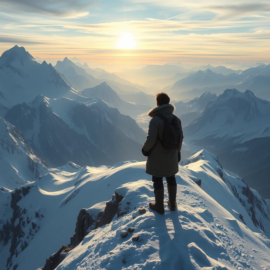 Traveler on Snowy Mountain Peak as Matte Painting