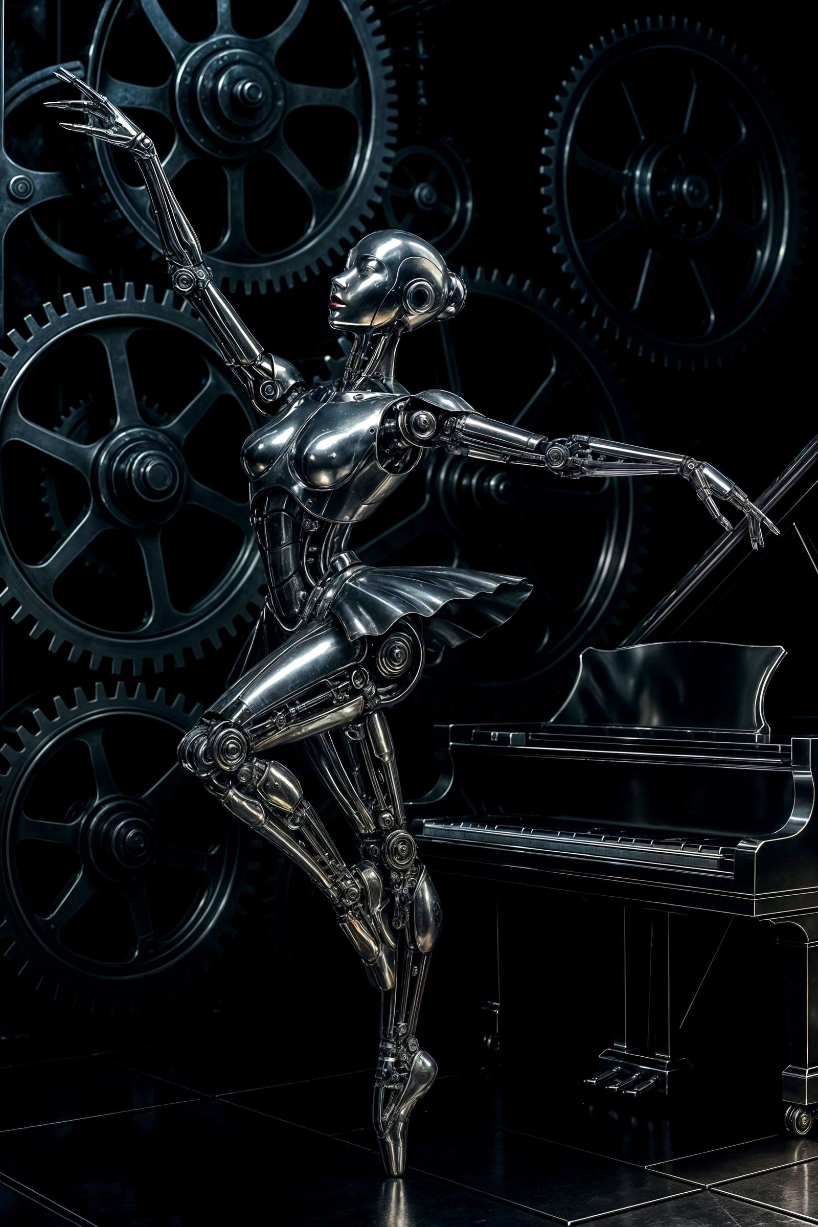 Steampunk Ballerina: Clockwork Robot in Chrome Arabesque