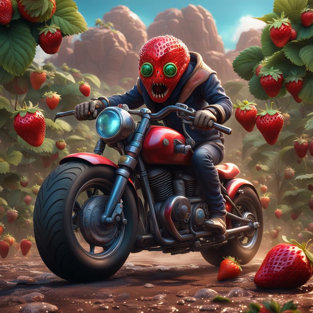 Strawberry Superhero Rides Motorcycle: Fantasy Concept Art