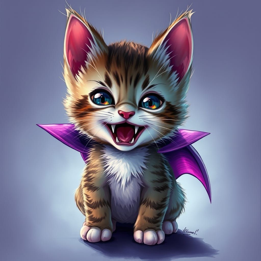 Chibi Vampire Kitten in Pastel Hyperrealism