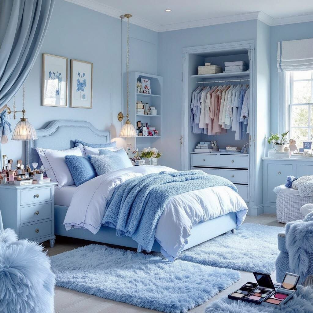 Pale Blue Girls Bedroom with Double Bed and Makeup