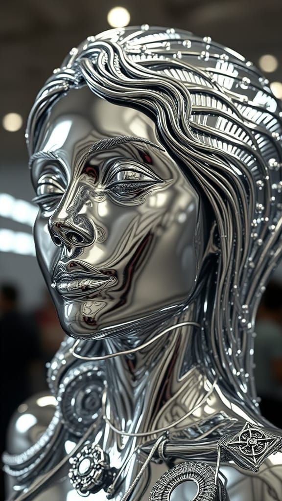 Surreal Chrome Goddess in Infinite Reflection