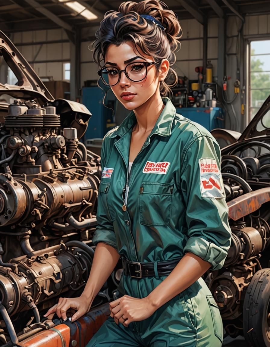 Anime Latina Mechanic Inspecting Sports Car Engine