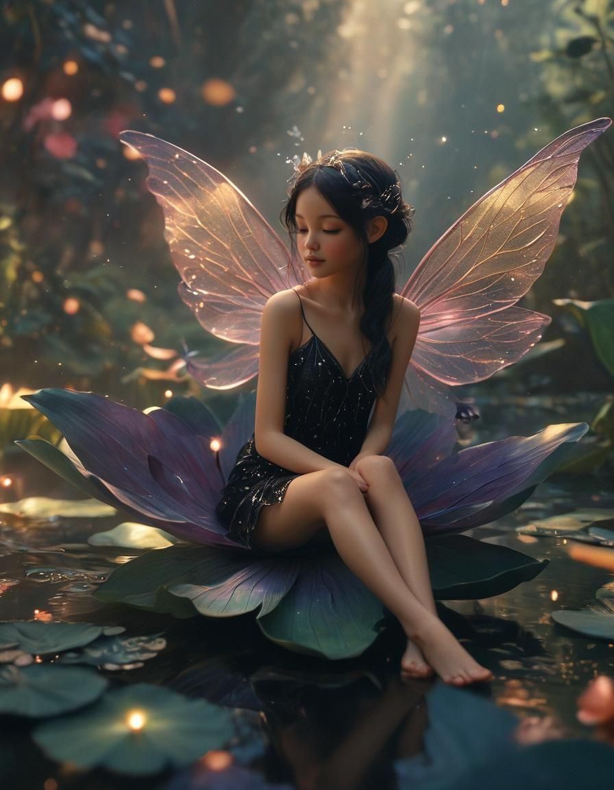 Fairy in Black Lotus Flower: Digital Art