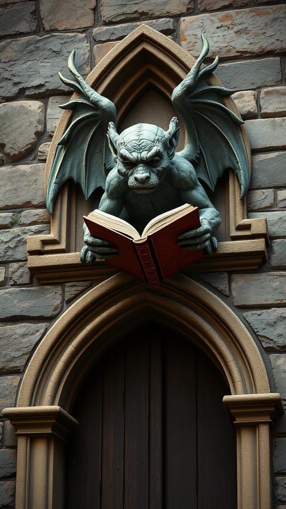 Bookish Stone Gargoyle in Whimsical Church Setting