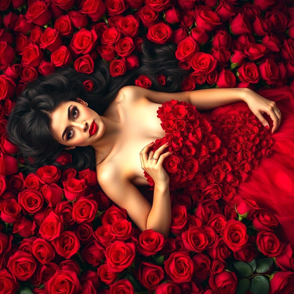 Romantic Portrait of a Woman in a Red Rose Bud Dress