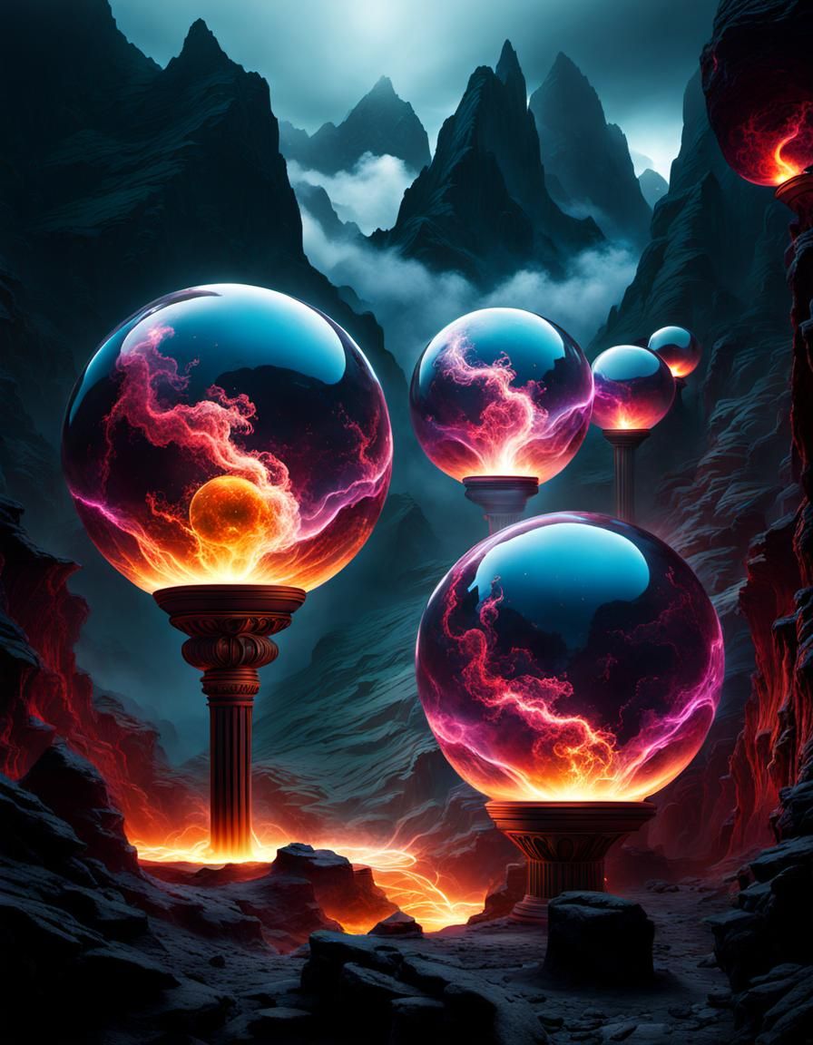 Surreal Plasma Orbs Clash with Ominous Cube