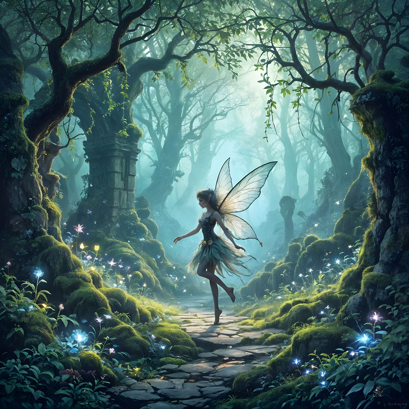 Enchanted Fairy Dancing in Bioluminescent Forest