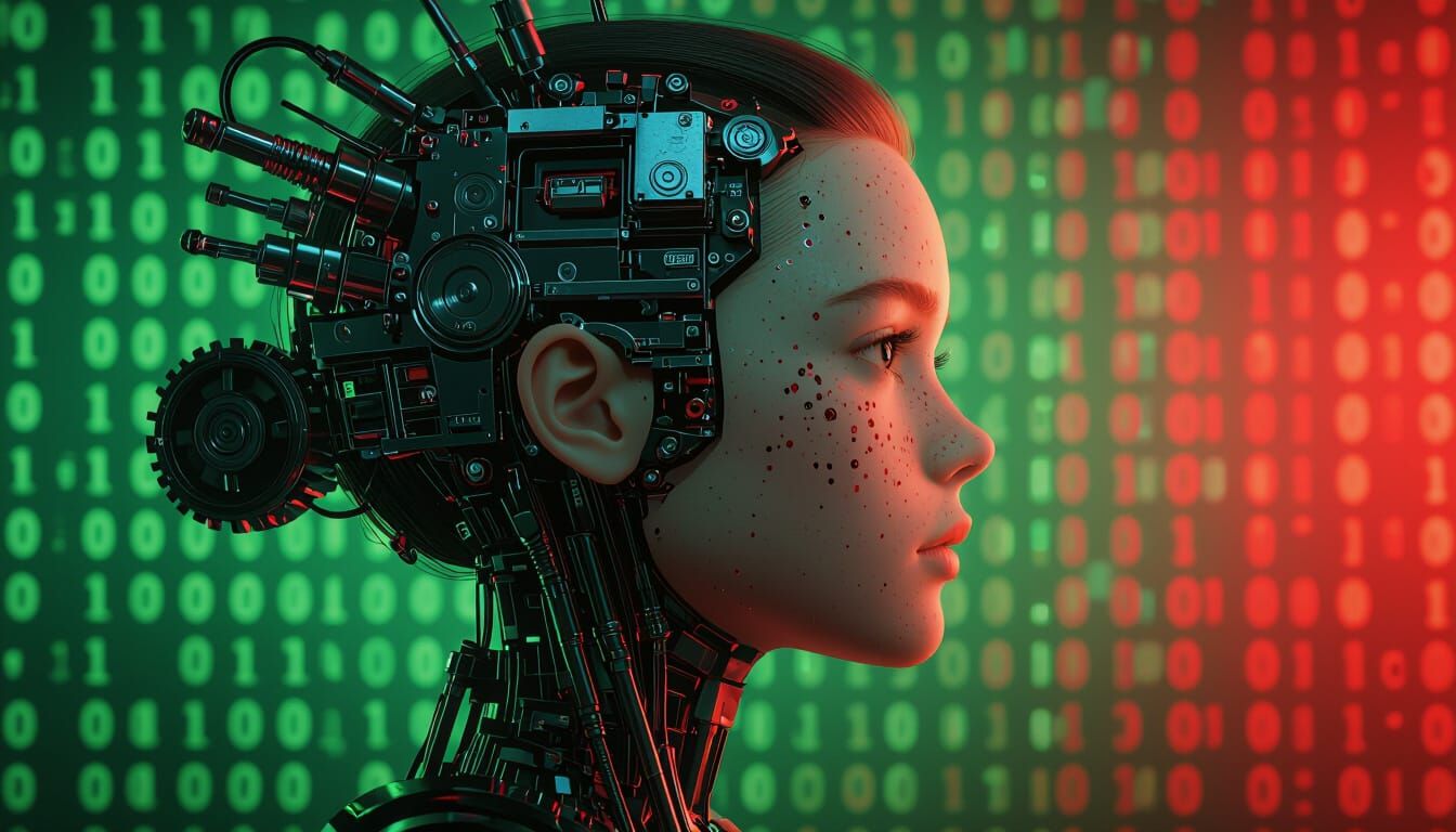 Sci-Fi Woman Profile with Machine Hair on Matrix Background