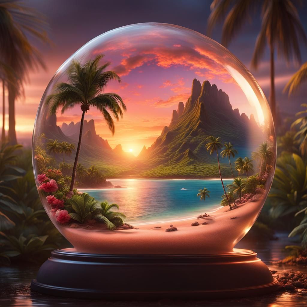 Hawaiian Lagoon Sunset in Snow Globe