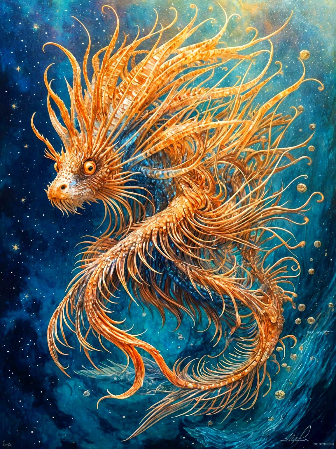 Triadic Colored Merman Lionfish in Glowing Filaments