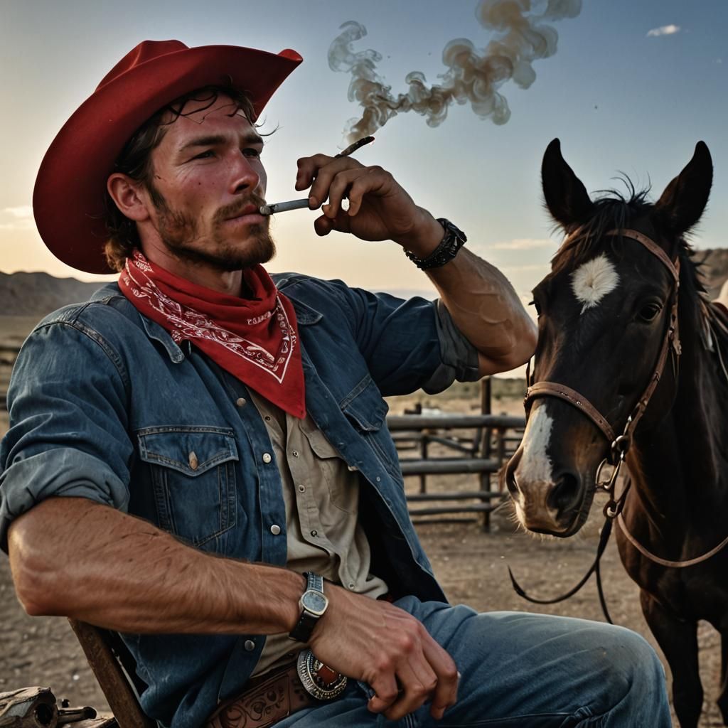 Cowboy with Red Bandana Smoking