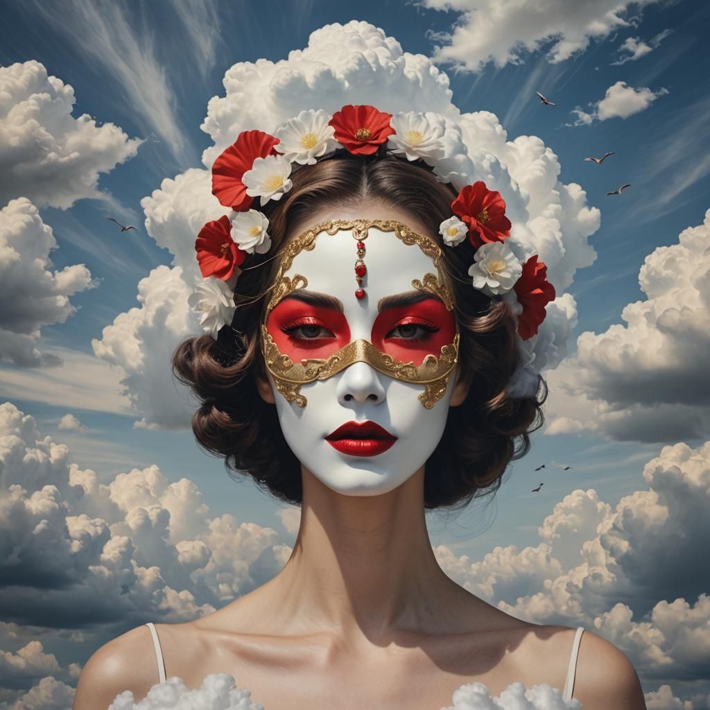 Masked Woman in Clouds, Surreal Digital Art