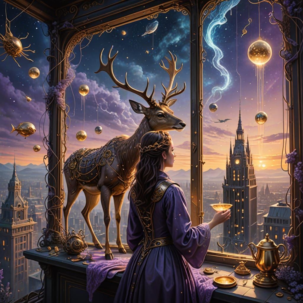 Whimsical Fantasy Art: Celestial Artisan Polishing Constella...