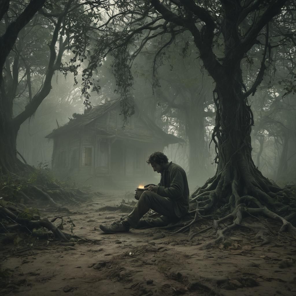 Eerie Man Eats Sand in Dark Fantasy Forest