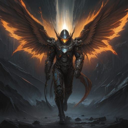 Fiery Mech Angel in Cosmic Horror Style