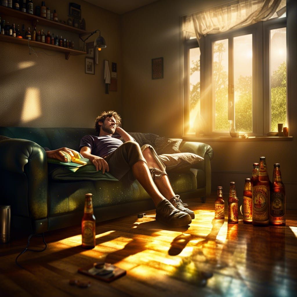 Hyperrealistic Young Man Sleeping in Disheveled Room