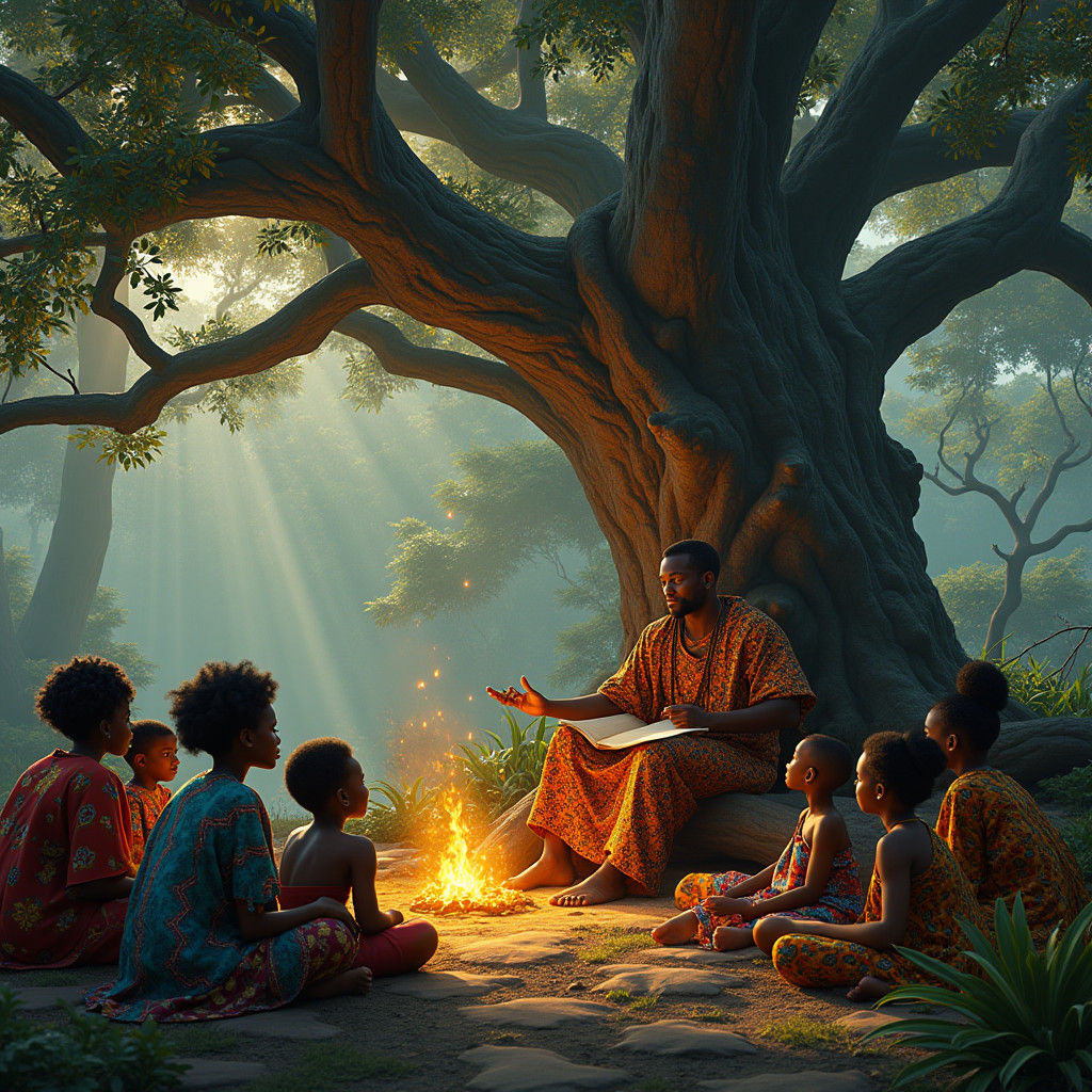 African Storyteller Amidst a Magical Gathering