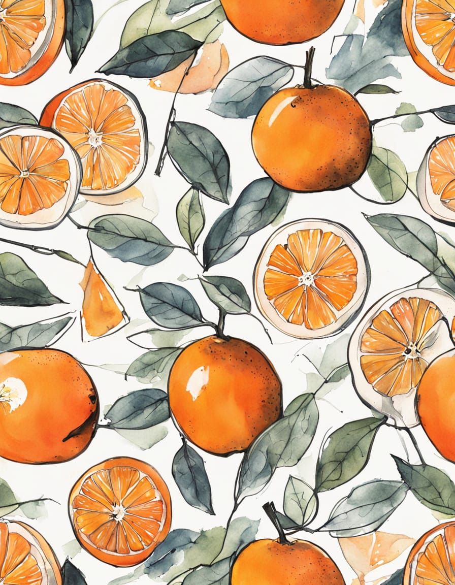 Surreal Watercolor Tangerine with Expressive Ink Lines