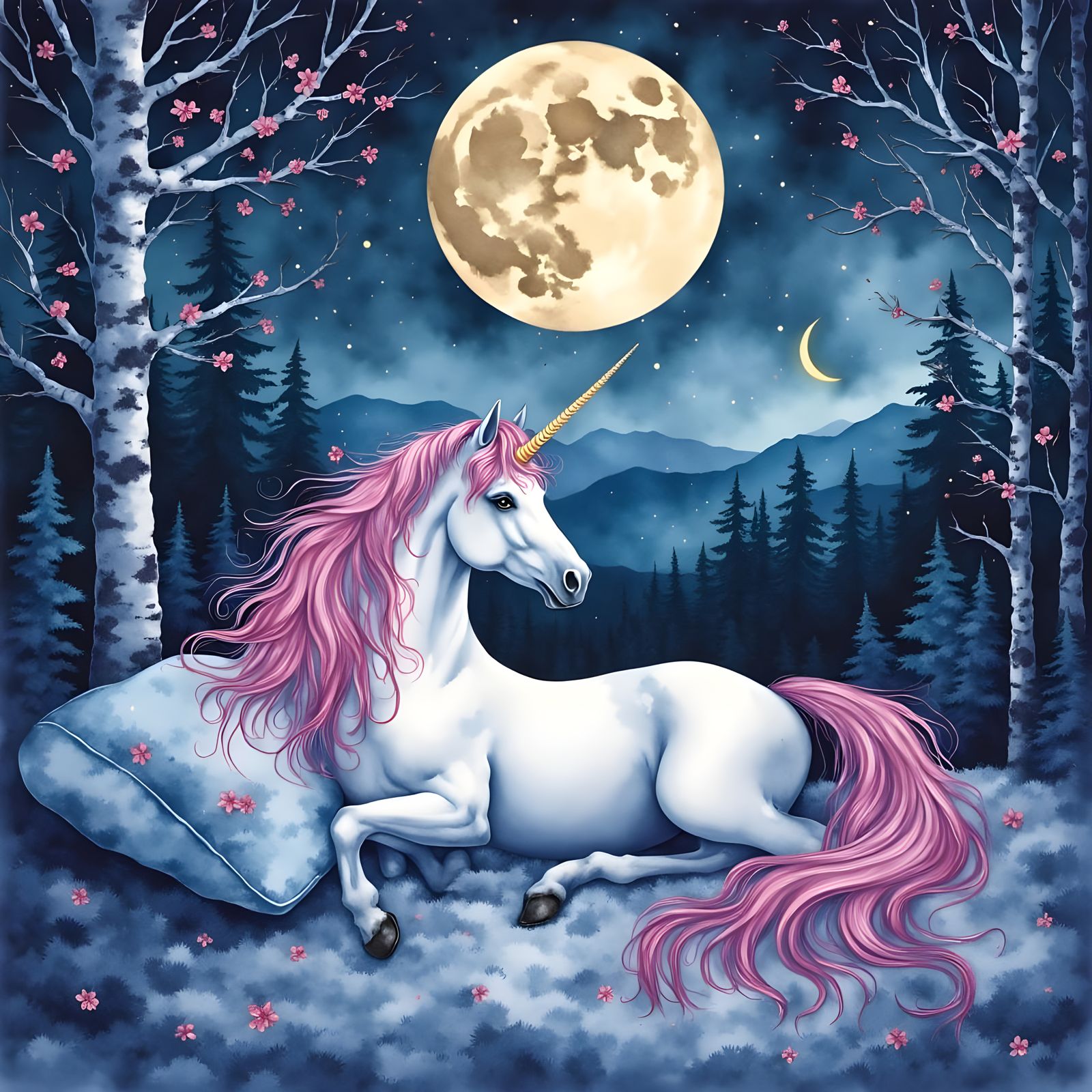 Moonlit Unicorn in Girl's Room: Digital Watercolor