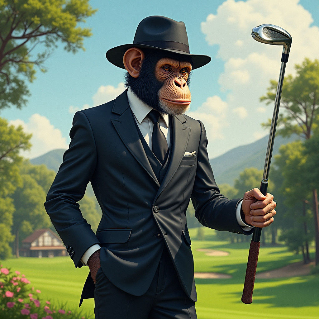 Chimpanzee Golfer in Suit: Hyperrealistic Concept Art