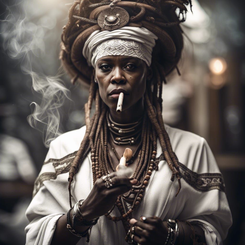 Voodoo Priestess Smoking Cigar: Hyperrealistic Image