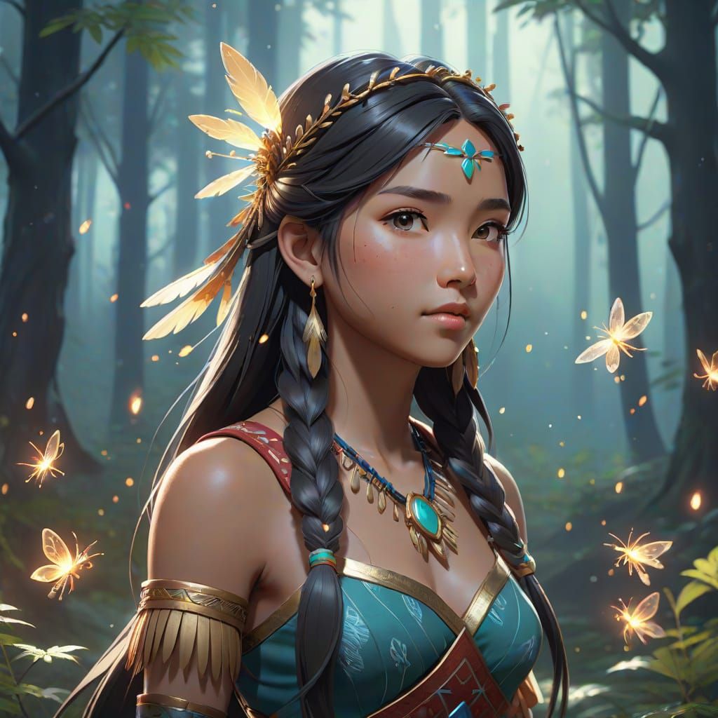 Pocahontas Anime Portrait in Misty Forest