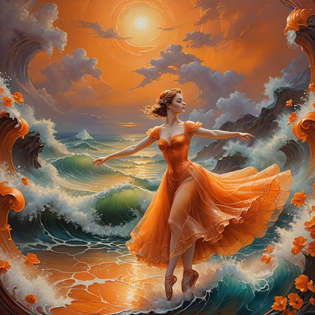 Orange Ballerina on Glass Stage: Art Nouveau Impasto