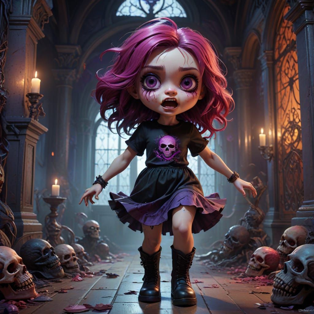 Gothic Surrealism: Chibi Goth Girl Flees Haunted Mansion Mon...