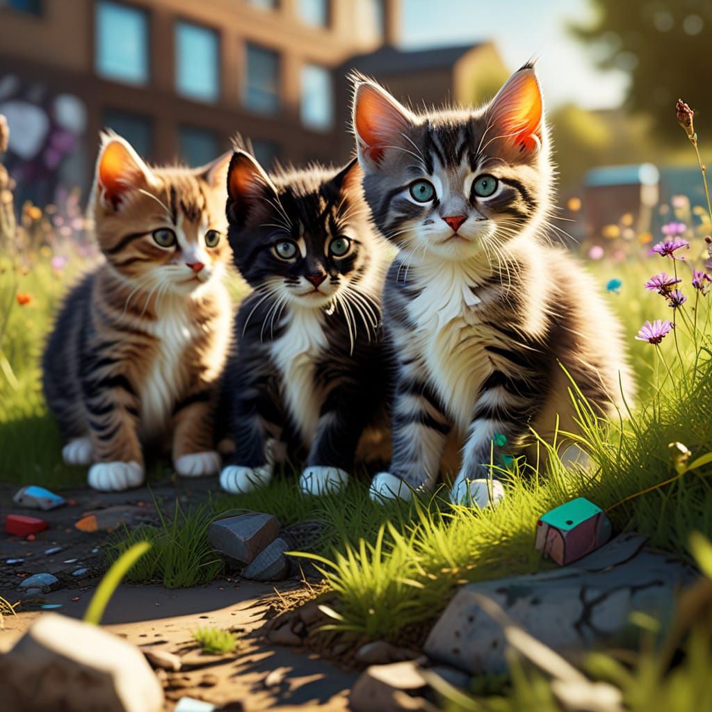 Kittens Play in a Meadow in Graffiti Art Style