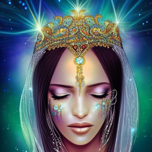 Sun Goddess with Gems and Veil: Digital Illustration
