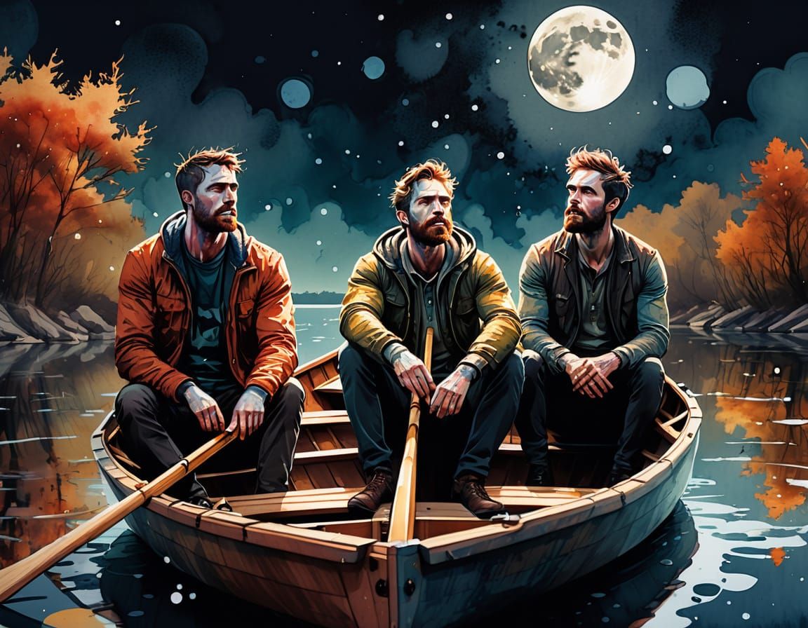 Watercolor Men Arguing in a Rowboat on Reflective Sea