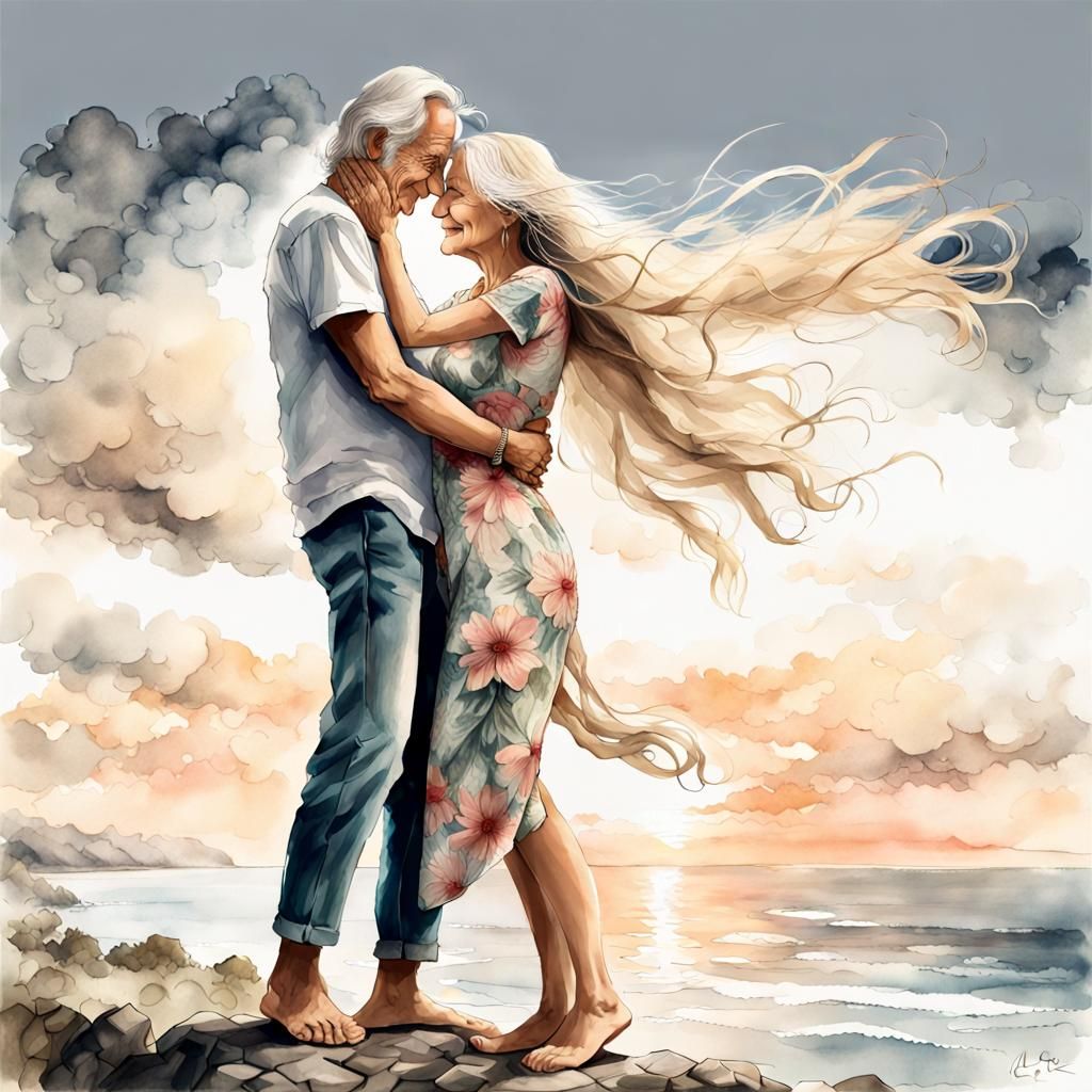 An elderly couple embracing in front of the sea