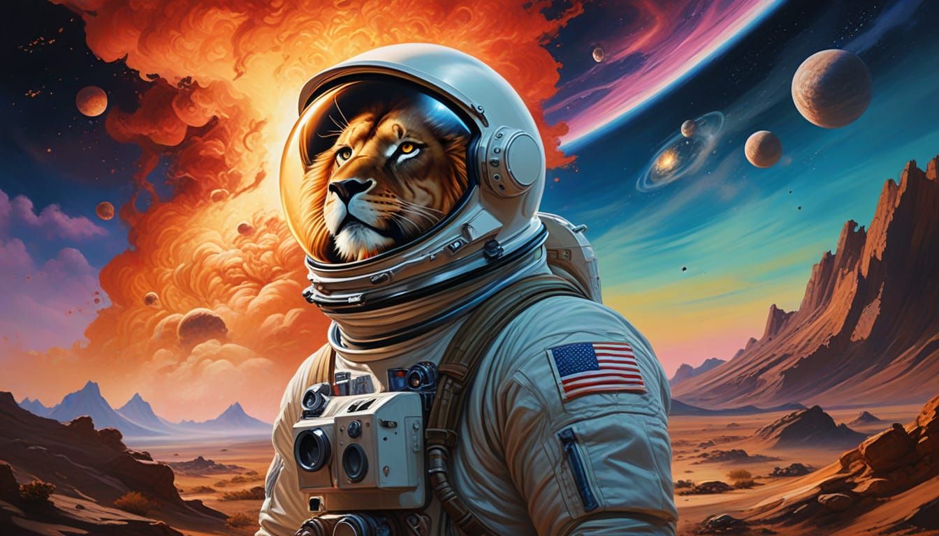 Astronaut with Fiery Mane Gazing at Nebula