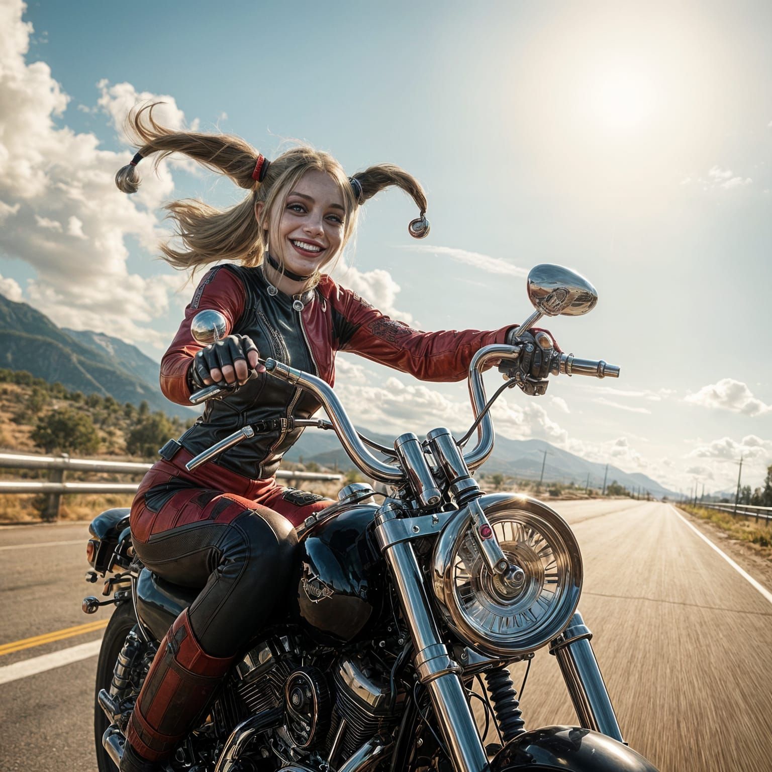 Harley Quinn Rides a Harley-Davidson Motorcycle
