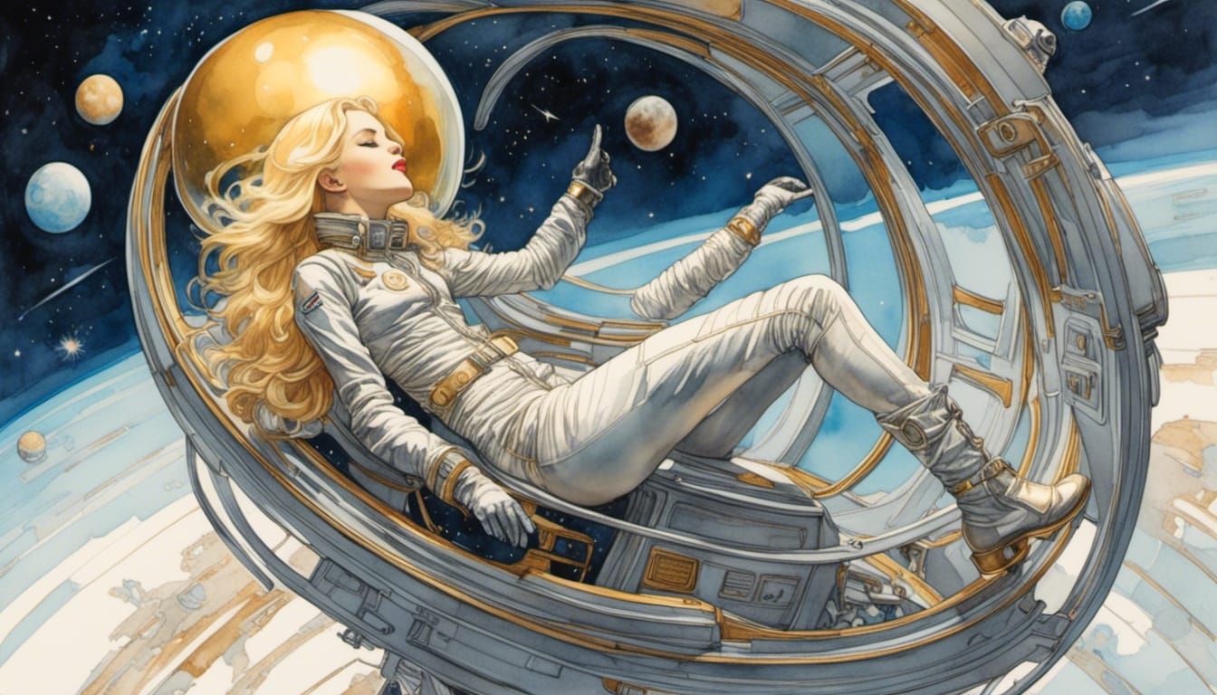 Girl Overlooking Saturn in Romantic Watercolor Style