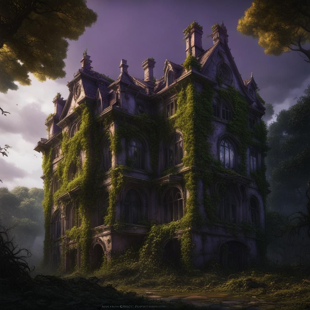 A crumbling, ivy-covered manor with ghostly lights flickering in the windows