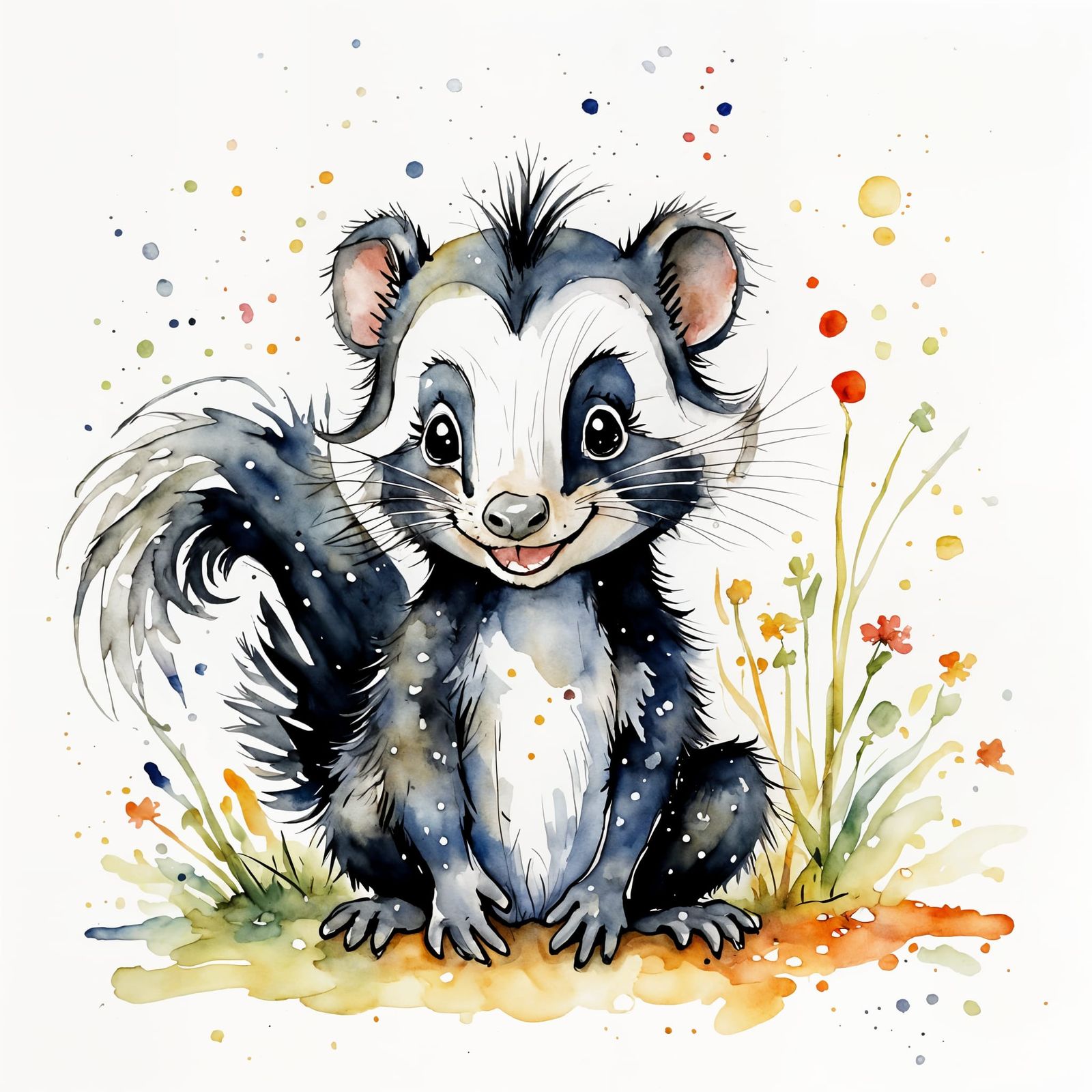 Chibi Skunk Portrait in Watercolor Style