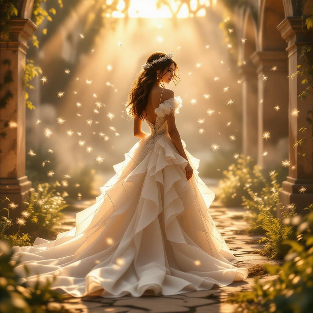 Dandelion Princess in Abandoned Courtyard, Fantasy Art