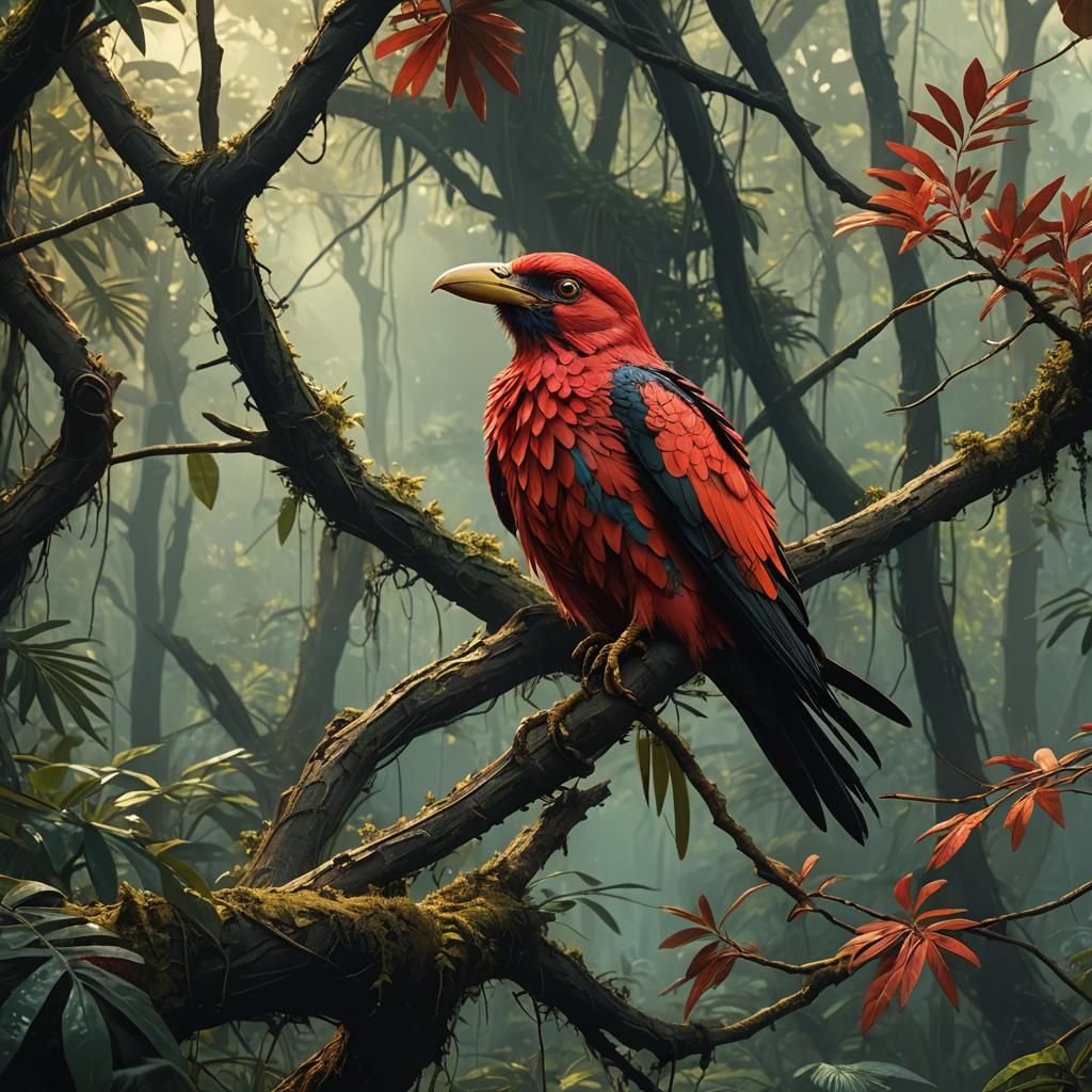 Crimson-Winged Jungle Shrieker in Digital Matte Painting