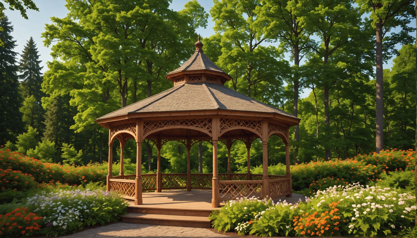Hyperrealistic Wooden Gazebo in Forest with Flowers