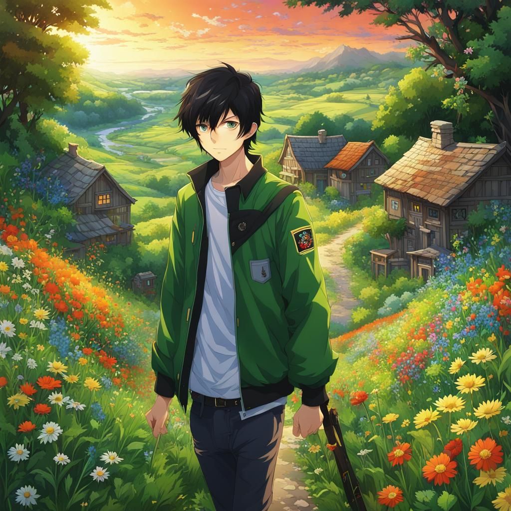 Anime Boy at Countryside Crossroads