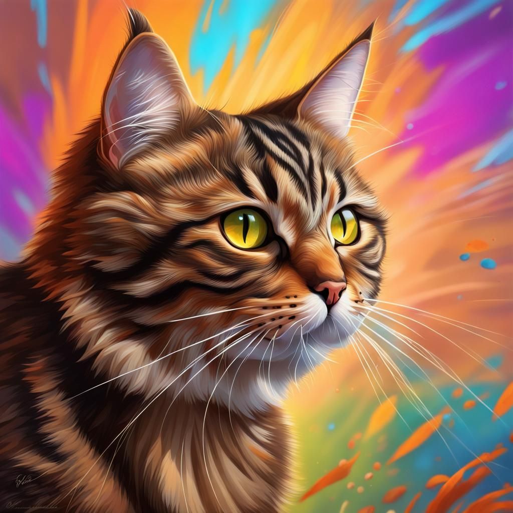 Hyperrealistic Brown Tabby Cat Hunting: Splash Art